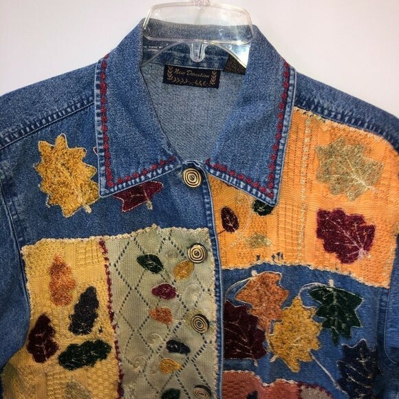 New Direction Womens Medium Blue Embroidered Leaves Button Up Denim Jean Jacket - Picture 5 of 11
